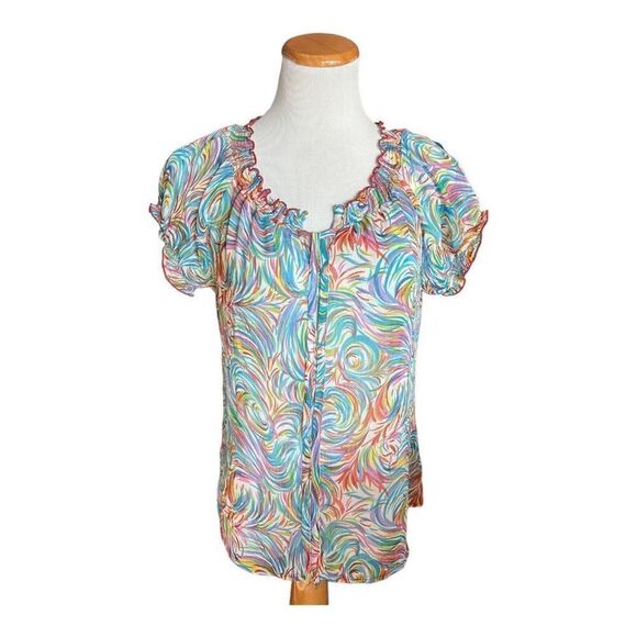 Womens Ninety Multi-Colored Tie Front Top - Sz S - Picture 1 of 1